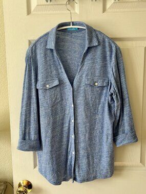 J McLaughlin Linen Button Down Shirt M Blue Lightweight Summer Coastal